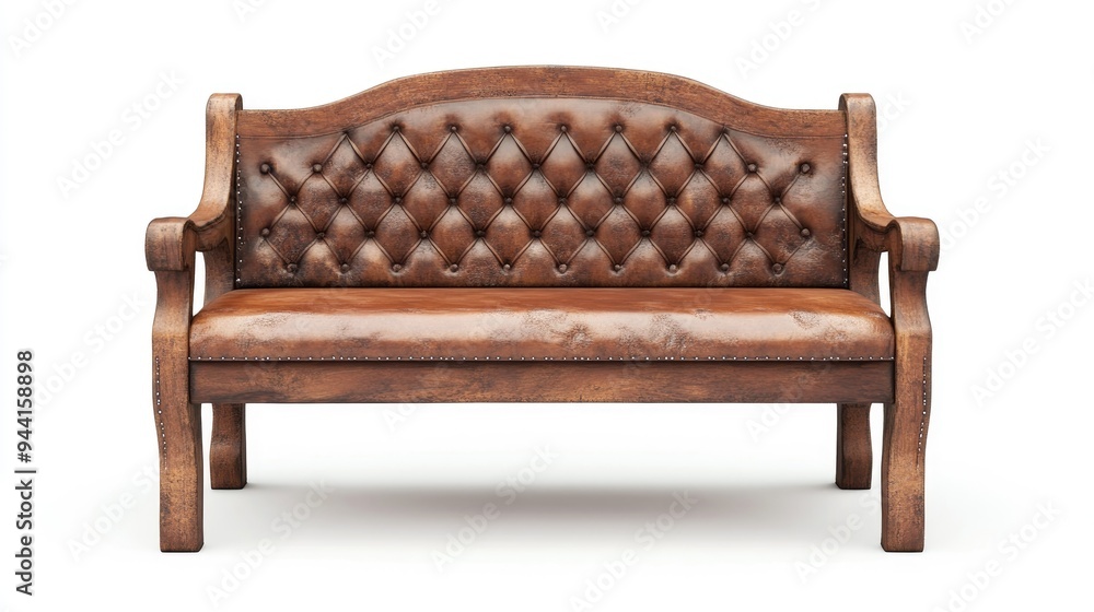 Poster 3d rendering of an old brown leather bench on a white background with ample copy space