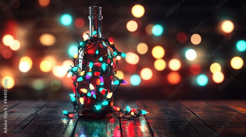 Poster 3d rendering of a bottle filled with a garland of christmas lights in a dark setting close up view