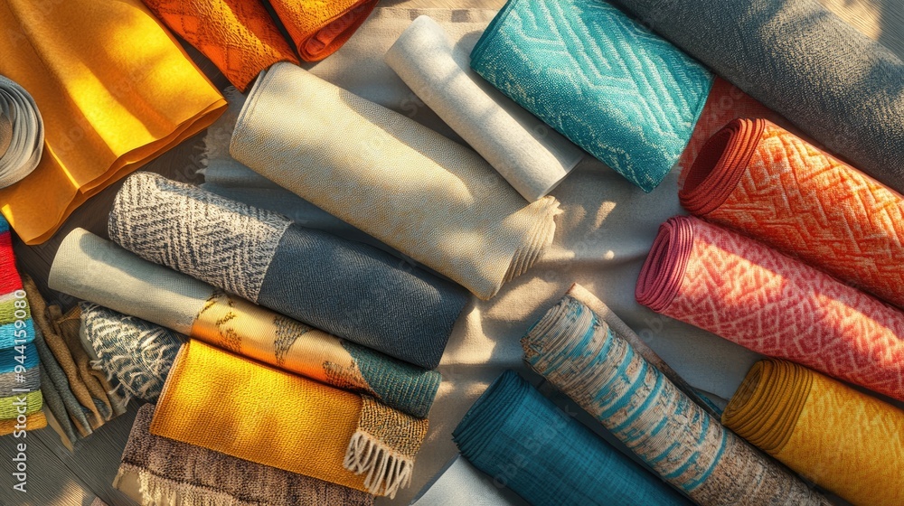 Poster 3d rendering of a home interior featuring a tailor s workspace with a pile of colorful fabric materi