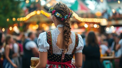 A detailed shot of a traditional Bavarian dirndl, showcasing the intricate embroidery and vibrant colors, with the background of a bustling beer tent filled with joyful people, beer mugs, and festive