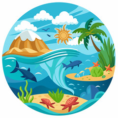 Fototapeta na wymiar Tropical Island Scene with Palm Tree, Mountains, Ocean, and Marine Life