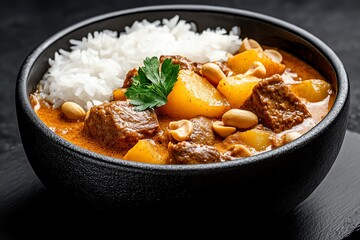 A rich, creamy bowl of Massaman Curry with tender chunks of beef, potatoes, and peanuts, served with steamed rice