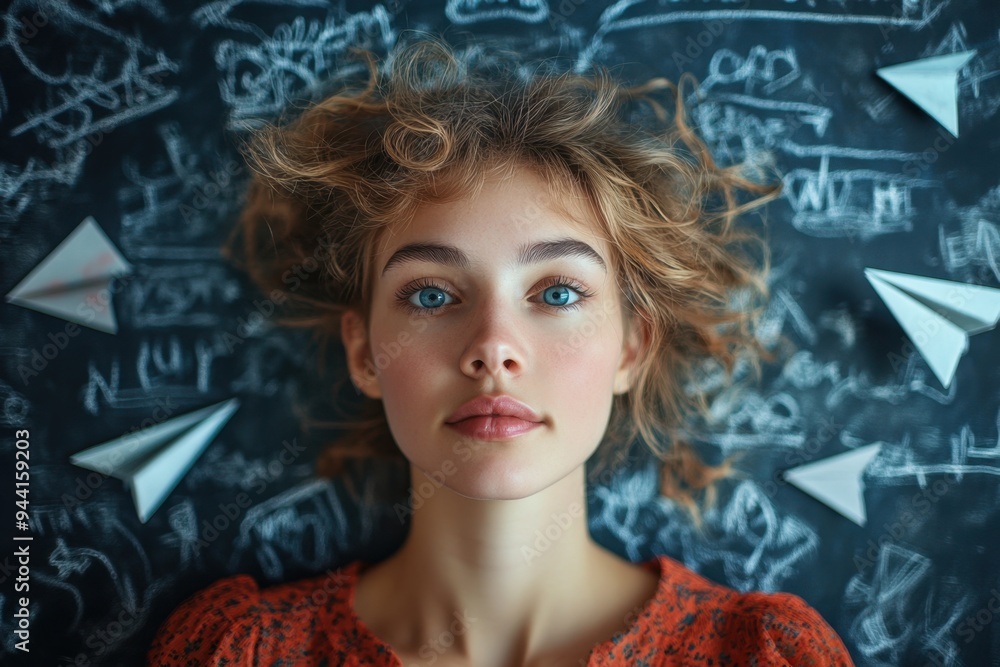 Poster a womans portrait decorated with paper planes and chalkboard doodles, creating a fun and whimsical c