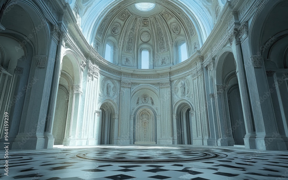 Poster 3d rendering of intricate romanesque architecture within a historic basilica