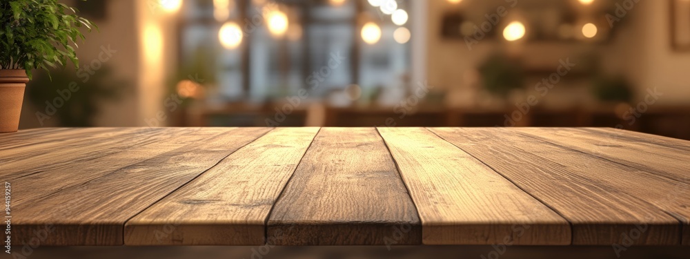 Poster 3d rendering of an empty wooden table with a blurred background ideal for product display or montage