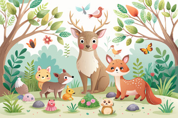 Naklejka premium Woodland cartoon Animals watercolor illustration template. Pre made frame for baby shower, birthday invitation kids baby deer, fox in the forest. Cute bear, rabbit and birds 
