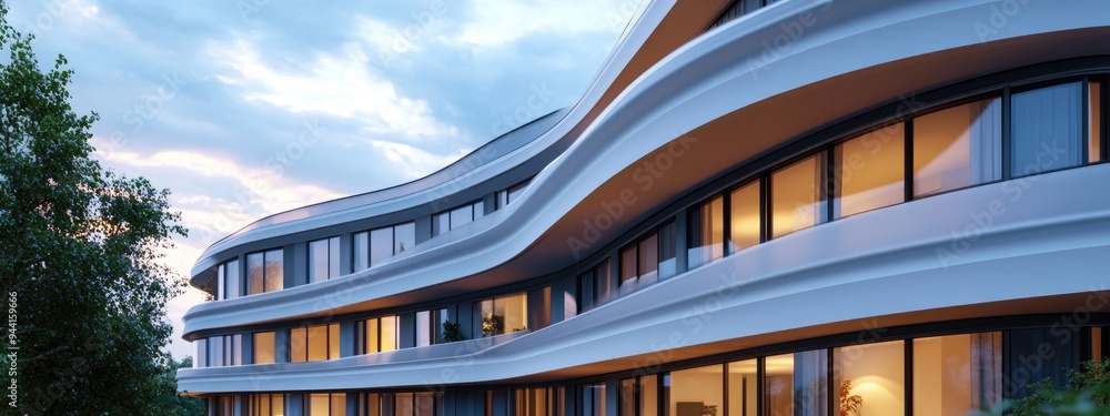Poster 3d rendering of an architectural project featuring a curved design