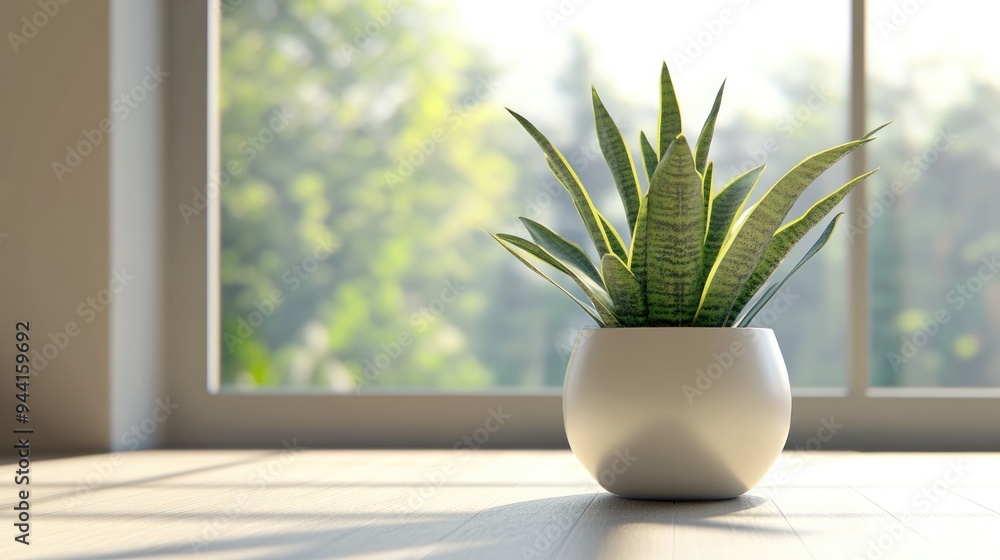 Poster 3d rendering of a sansevieria trifasciata indoor plant in a white ceramic pot featuring a minimalist