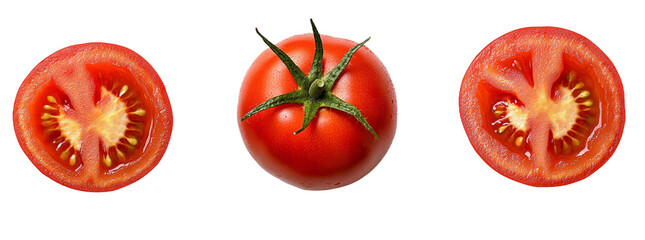 Fototapeta premium A whole red tomato is presented alongside two sliced halves, revealing its juicy seeds and rich texture against a transparent background. Transparent background PNG