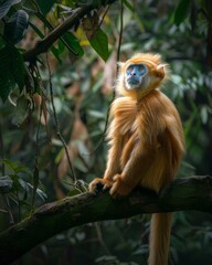 Fototapeta premium Golden snub-nosed monkey sitting on a tree branch in a dense forest