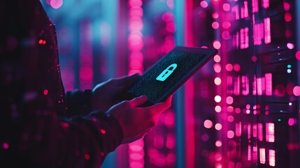 Technician holding a tablet with a glowing lock icon, standing in a server room with pink and blue lights, representing cyber security. Secure data and digital protection concept.