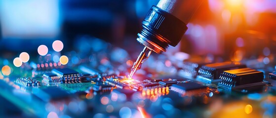 Robotic arm assembling microchips in a state-of-the-art lab, close-up highlighting precision and innovation, with ample blank space on the left for text or design elements