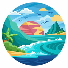 Obraz premium Tropical Sunset Landscape with Ocean Waves and Palm Trees