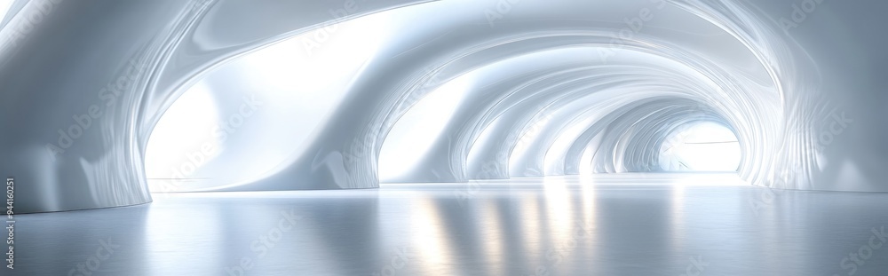 Poster abstract smooth white interior of the future with a night view enhanced by backlighting architectura