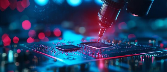 Robotic arm in sharp focus, delicately placing microchips with extreme precision, futuristic lab environment, open space on the left for text, highlighting innovation