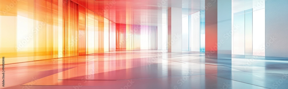 Aufkleber 3d rendering of an abstract multi level public space featuring interior design with white and colore