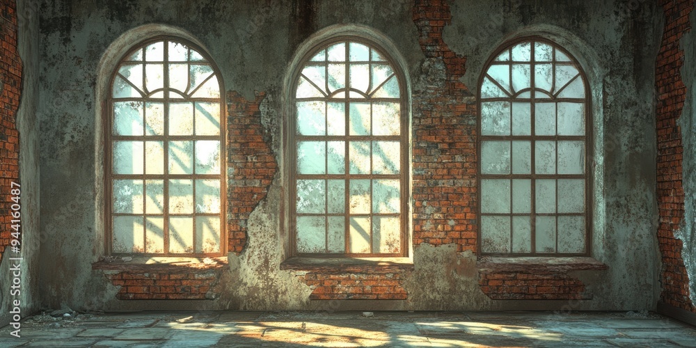 Poster 3d rendering of vintage windows and walls in a dilapidated structure