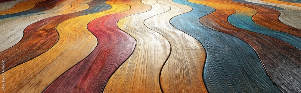 Poster 3d rendering of multicolored wooden parquet featuring wavy patterns on the floor