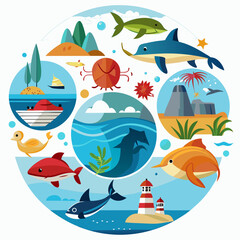 Naklejka premium Colorful Illustration of Sea Life and Coastal Landscapes