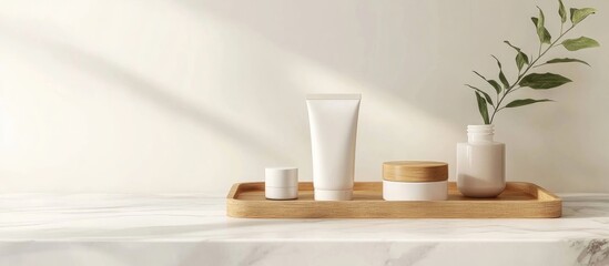 3D rendering of a lotion tube and facial cream jar mockup placed on a wooden tray atop a white marble tabletop against a white wall showcasing beauty products and skincare on a vanity table