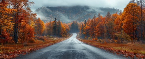 The road meanders through a forest filled with orange and yellow leaves, leading towards majestic mountains shrouded in mist and clouds, creating a tranquil autumn atmosphere