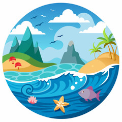 Obraz premium Cartoon Illustration of a Tropical Island with Mountains, Palm Trees, and an Ocean with a Fish and a Starfish