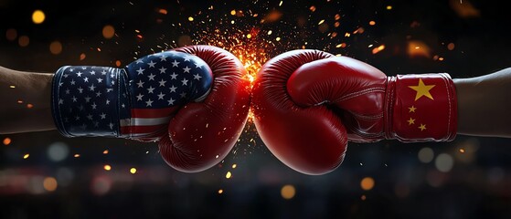 Dynamic image of American and Chinese flag-themed boxing gloves colliding, symbolizing a tense confrontation between the two nations, powerful and impactful visual