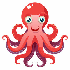 Cartoon Red Octopus with Eight Tentacles and Big Eyes