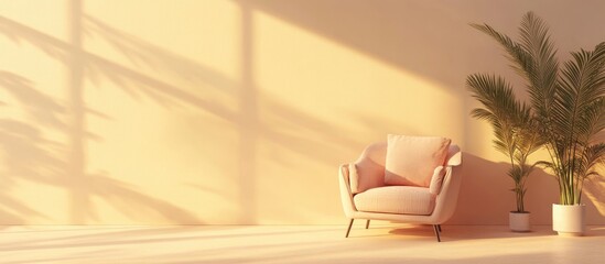 Fototapeta premium Minimalist interior featuring an armchair against a warm cream color wall background 3D rendering