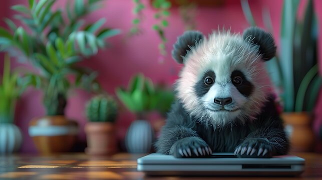 A cute panda cub sits on a desk with a laptop, surrounded by plants in a pink background.