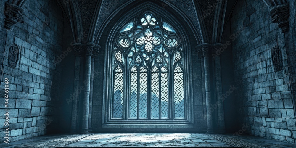 Poster 3d rendering of a large window featuring intricate grillwork from an ancient church