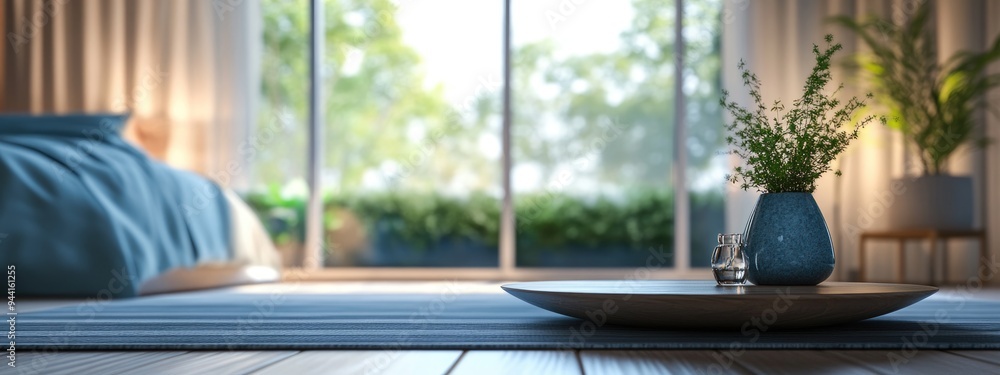 Poster 3D Rendering of a Tabletop with a Blurred Background in a Bedroom