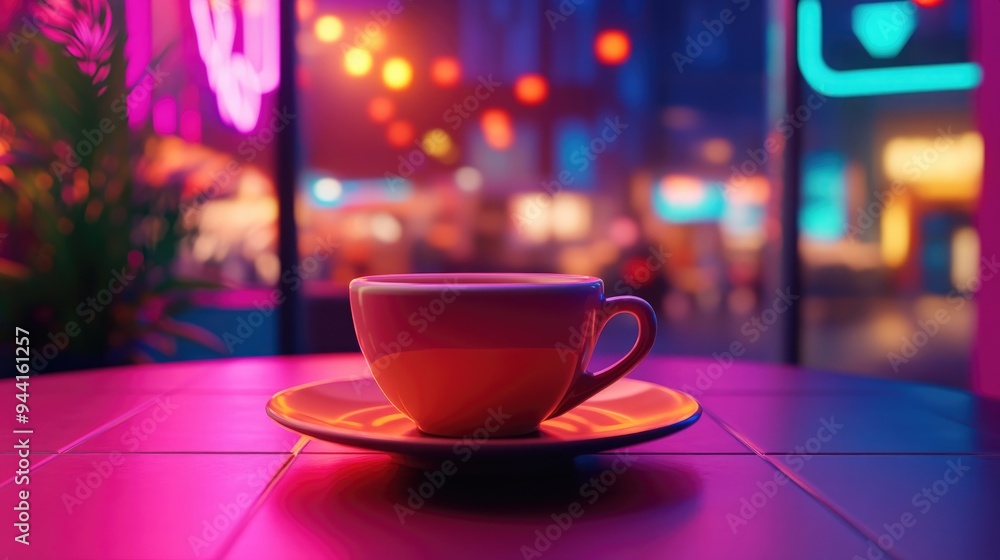 Poster 3d rendering of a coffee cup on a table in a cafe setting
