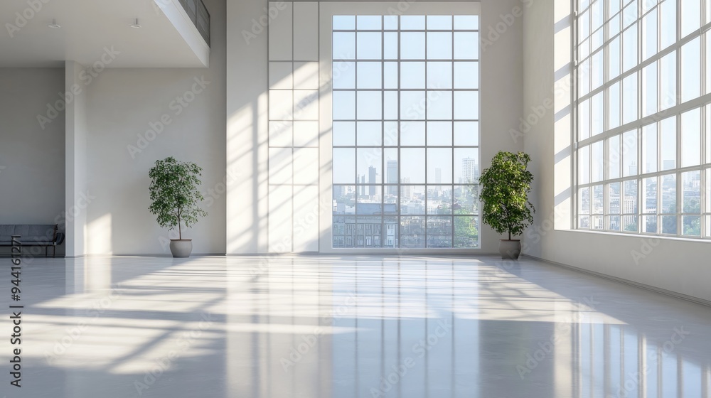 Poster interior space featuring a large window in a 3d rendering