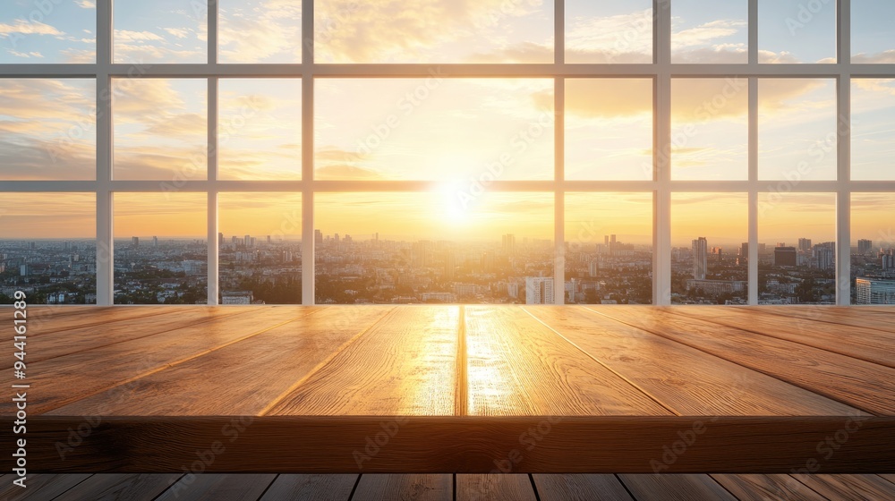 Poster 3d rendering of a wooden table background offering ample space for decoration complemented by a whit