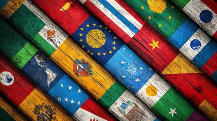 A bold background with the flags of various Latin American countries arranged in a dynamic pattern. 