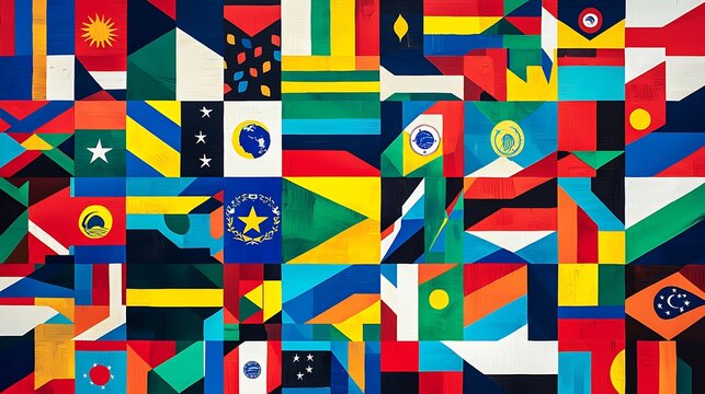 A bold background with the flags of various Latin American countries arranged in a dynamic pattern. 