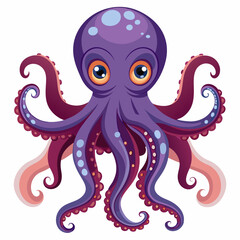 Cartoon Purple Octopus with Big Eyes and Eight Tentacles