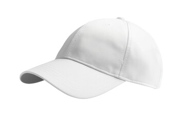 Fototapeta premium A clean, white baseball cap featuring a classic curved brim, perfect for sun protection during outdoor sports or casual outings. Transparent background PNG