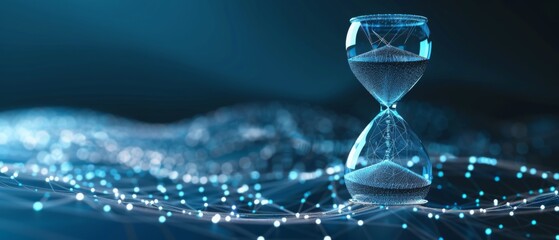 a digital hourglass icon in low poly wireframe,  time management , scheduling and enhancing productivity , smart time optimization, workflow improvements. 