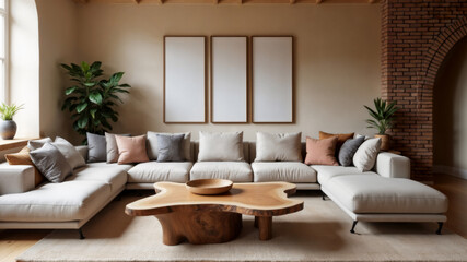living room interior live edge coffee table sofa wall with brick