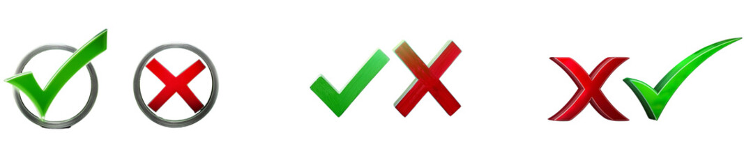 Obraz premium Green check mark red cross mark icon set Isolated tick symbols checklist signs approval