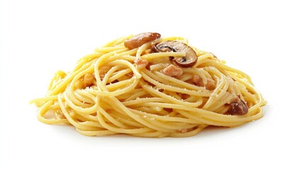 A vivid 3D close-up of spaghetti carbonara with mushrooms, focusing on the texture and rich appearance of the dish against a clean white background, no people.