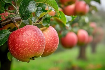 Obraz premium Ripe Red Apples with Water Droplets on a Branch