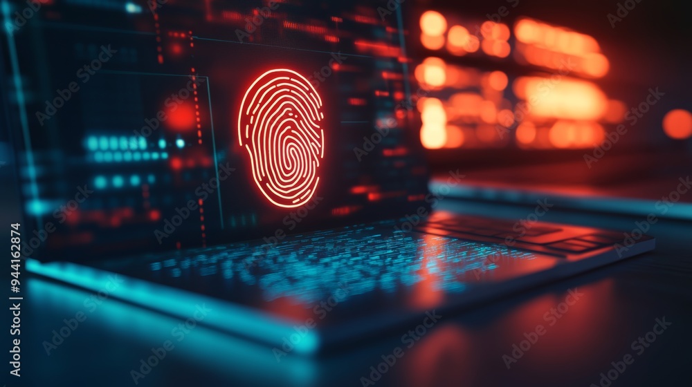Poster Close-up of a laptop with a glowing red fingerprint icon, representing biometric security. Secure access and digital protection concept.