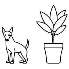 Vector Illustration German Pinscher Dogs & Potted Plant Art