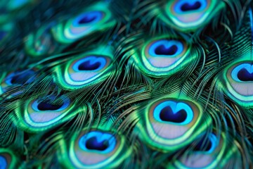 Obraz premium Vivid peacock feathers create a stunning visual. The harmonious blend of greens and blues is captivating. This image is perfect for nature lovers and artists. Generative AI