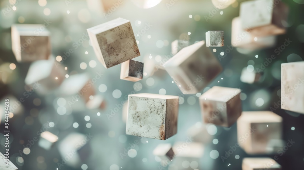 Poster playful arrangement of cubic shapes in different textures and sizes drifting against a blurred, ligh