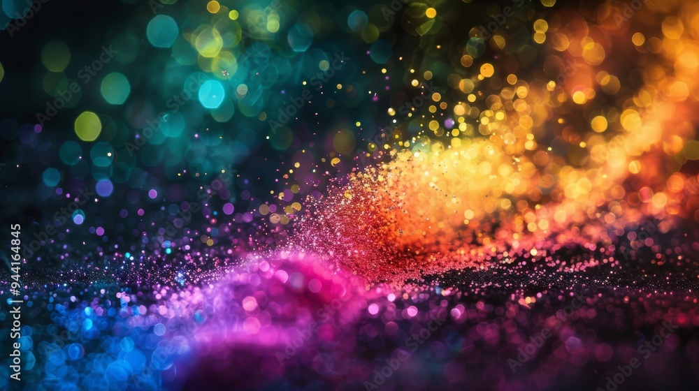 Poster radiant particles of various colors spreading across the frame