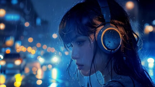 anime style girl in big headphones
